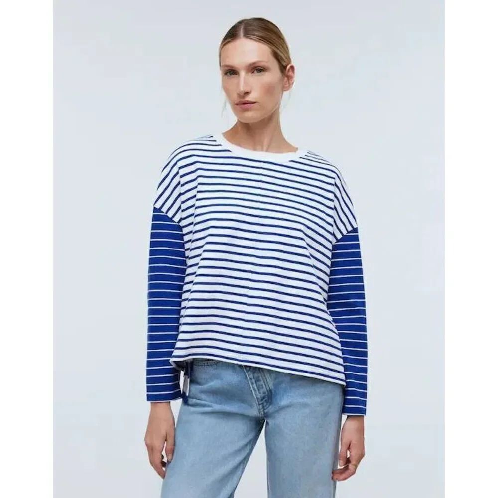 Madewell Easy Long-Sleeve Rugby Tee in Contrasting Stripe in Pure Blue Size S NW